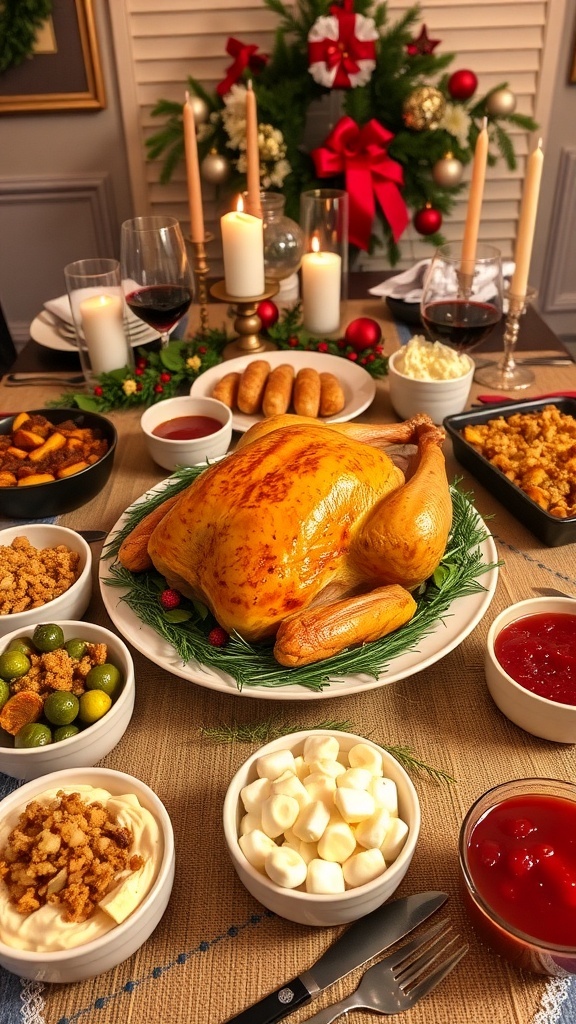 A festive Christmas dinner table with roasted turkey, stuffing, mashed potatoes, Brussels sprouts, and cranberry sauce.